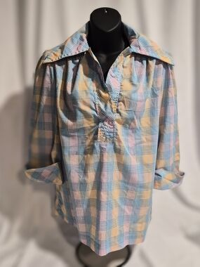 VTG 70s Separate Ways by Alex Colman Plaid Pastel Tunic Blouse | Large